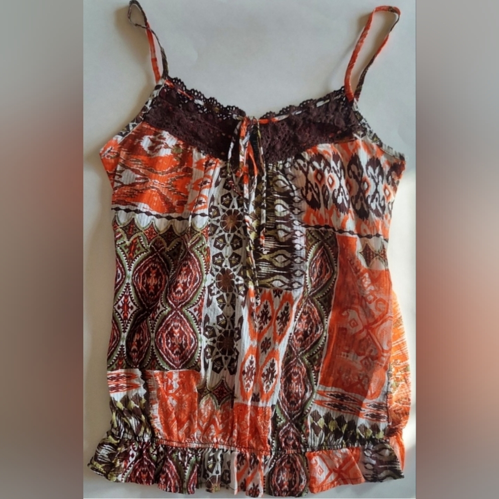 Tank top with crochet neckline by Vanity- orange, brown, white, tan - Picture 1 of 7